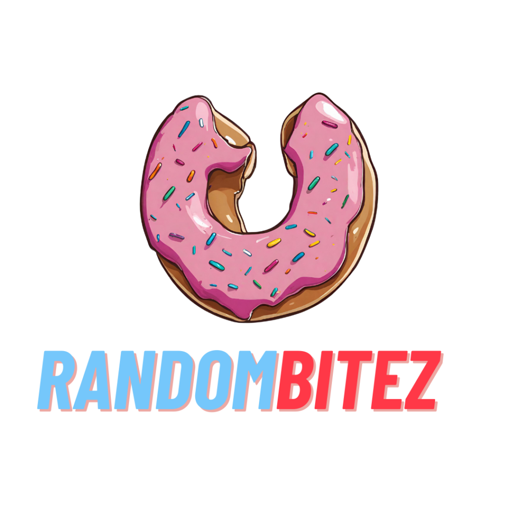 Randombitez, in blue and white text. A photo of a digital donut, pink frosting with sprinkles and a bite missing from the top.